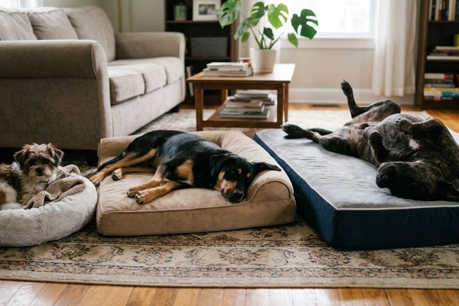 Different types of dog beds including orthopedic, calming donut, elevated and travel beds