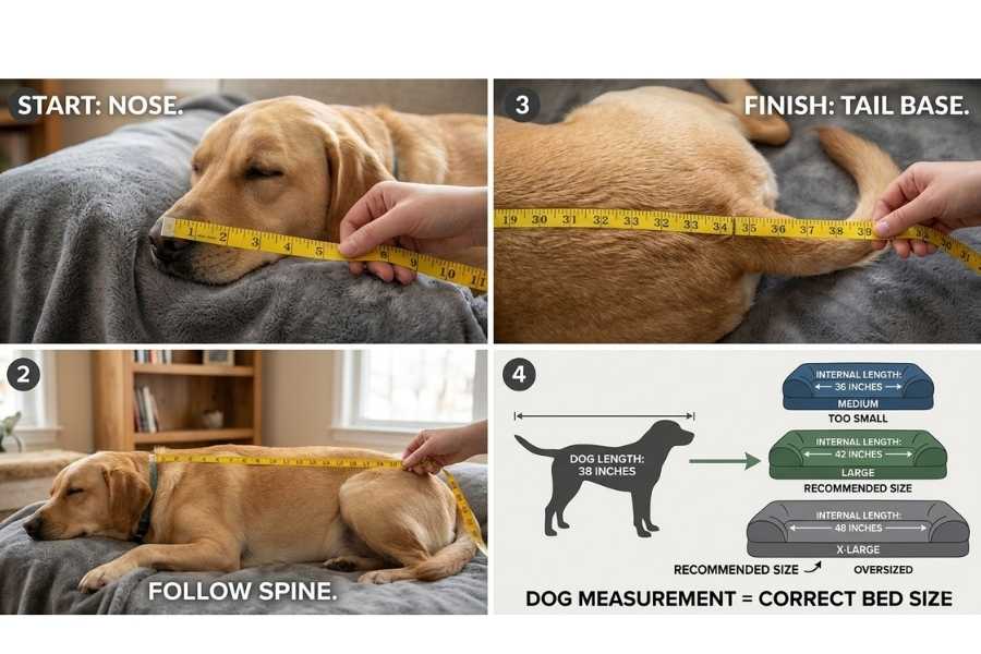 Measuring a dog from nose to tail base while lying down to choose the correct bed size