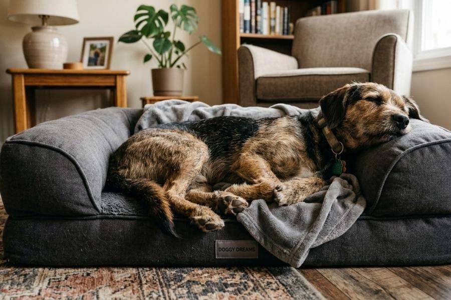 Examples of mixed breed dogs of different sizes resting on suitable dog beds